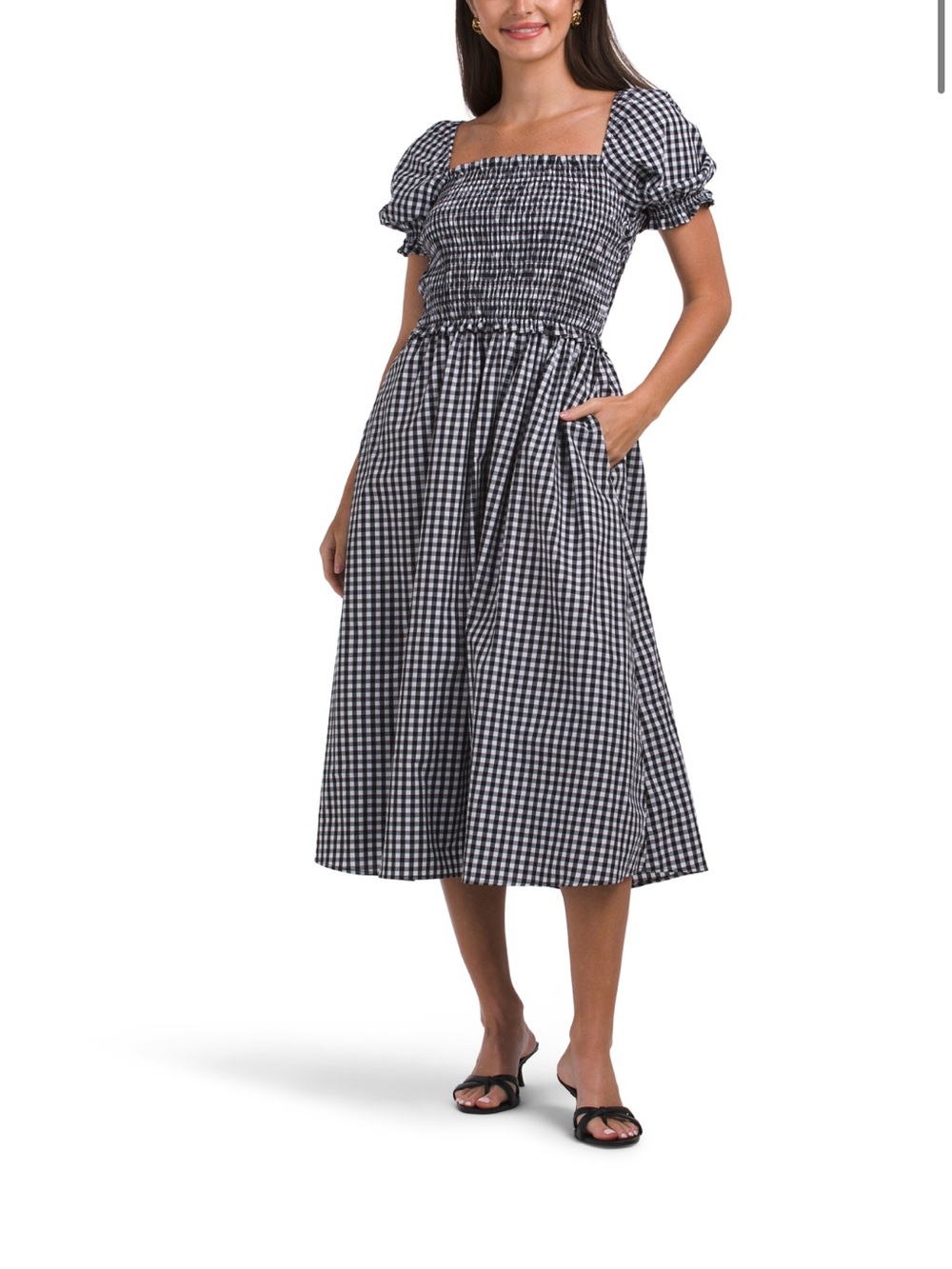 ELLEN TRACY
poplin square neck midi dress with smocking